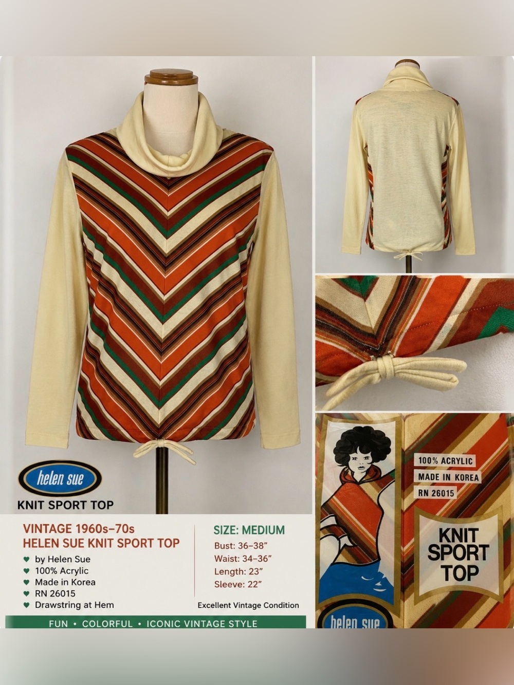 Vintage 60s70s knit turtleneck- Striped Chevron Tie-Hem in Cream and Rust - M